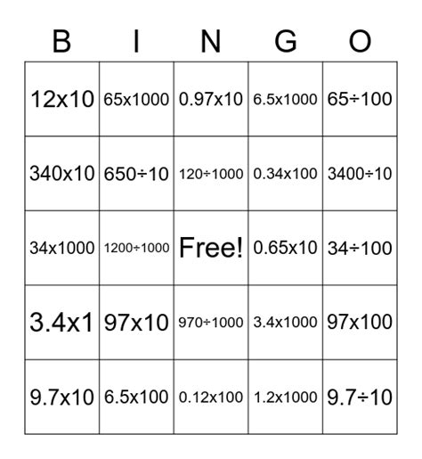 Multiplydivide By 101001000 Bingo Card