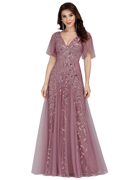 Ever Pretty Womens V Neck Embroidery Short Sleeve Wedding Party Evening Dress 00734 Dusty Pink