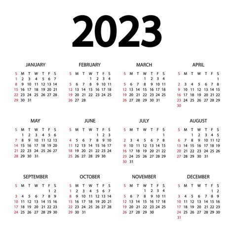 Calendário De 2023 Anos Ilustração Vetorial A Semana Começa No