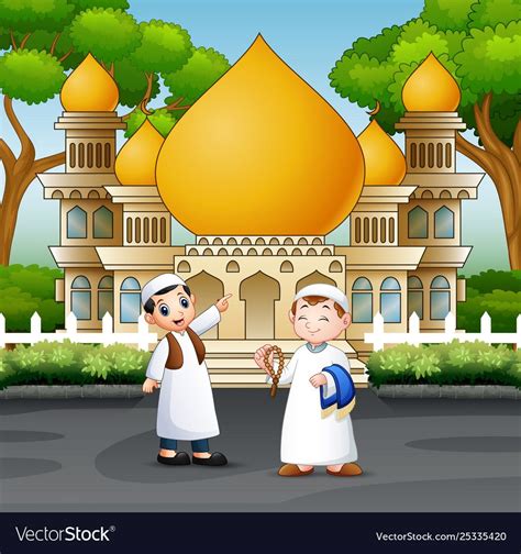 Cartoon Two Muslim Peoples In Front A Mosque Download A Free Preview