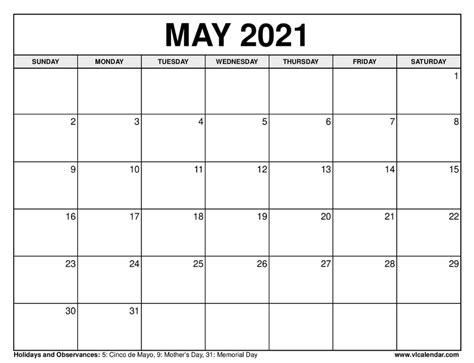 May 2021 Calendar Printable With Holidays Template Business Format