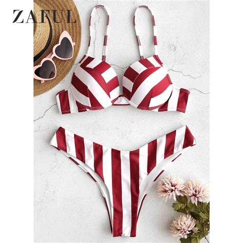 Zaful Striped Push Up Bikini Set Swimwear Women Underwire Swimsuit