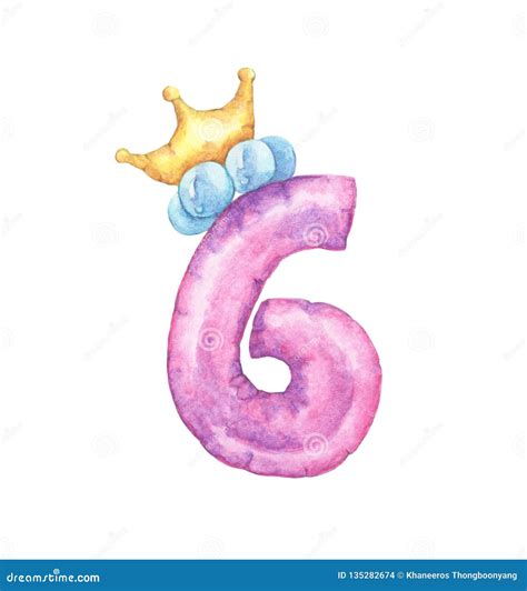 Watercolor Cute Number 6 Number Six With Crown Stock Illustration