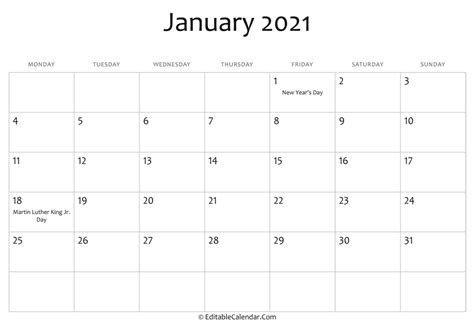 Download January 2021 Printable Calendar Holidays Word Version