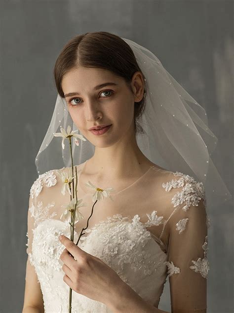 Attractive Tulle One Tier Shoulder Veils With Imitation Pearl Hebeos
