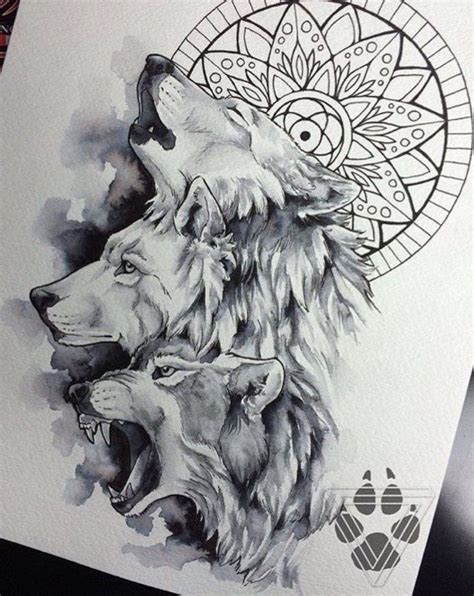 Three White Wolfs On Mandala Background Tattoo Design Tattooimagesbiz