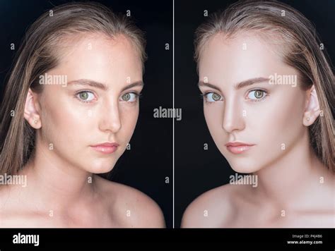 Face Of Beautiful Teenage Girl Before And After Retouch Looking At