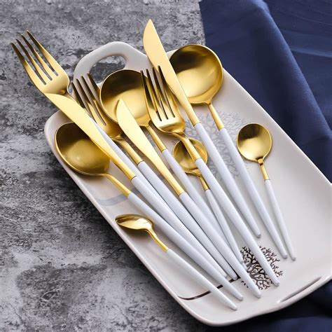 White And Gold Cutlery Set Gold Flatware Set Gold Cutlery Set