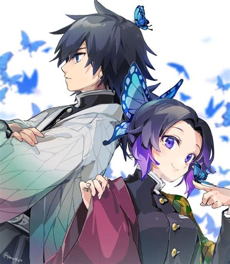Two Anime Characters Standing Next To Each Other With Blue Butterflies