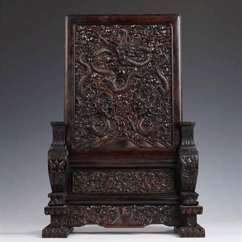 A Chinese Fine Carved Rosewood Dragons Panel Auction