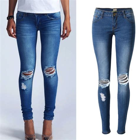 Olrain Women Vintage Slim Elastic Pencil Pants Fashion Hole Ripped Skinny Jeans Beggar Jeans In