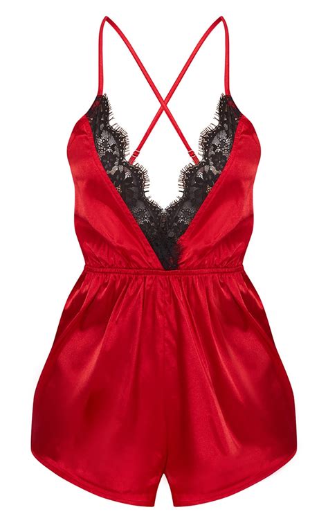 Red Lace Trim Satin Teddy Prettylittlething Usa