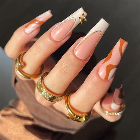 Press On Nails Medium Length With Design Nude Coffin Acrylic Nails