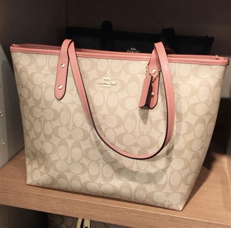 Coach F36876 Light Khaki Light Pink City Zip Tote In Signature Coated