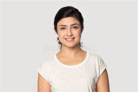Headshot Portrait Of Smiling Indian Woman Isolated On Grey Background Stock Image Image Of