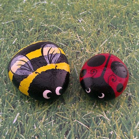 Ladybug Bumble Bee Set Of Two Hand Painted Garden Stones Decorative