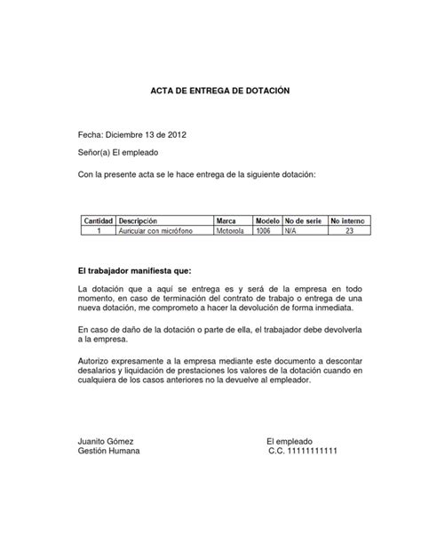 Acta De Entrega Modelo Assistente Administrativo