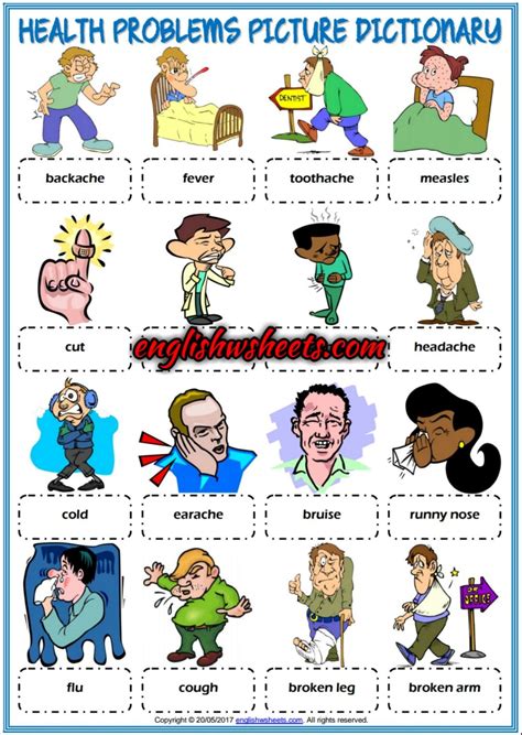 Synonyms may differ by their 68. Health Problems, Illnesses, Ailments Esl Printable Picture ...