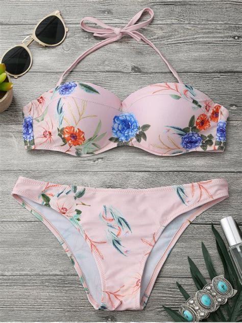 22 Off 2021 Floral Print Moulded Bandeau Bikini Set In Pink Zaful