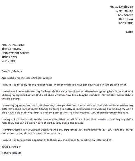 The purpose of the letter is to introduce yourself to the decision committee if you're writing for a college application or an internship, there will almost always be a short prompt for you to respond to. Postal Delivery Worker Cover Letter Example - icover.org.uk