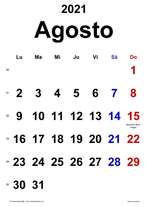 Calendario Agosto 2021 Para Imprimir Gratis