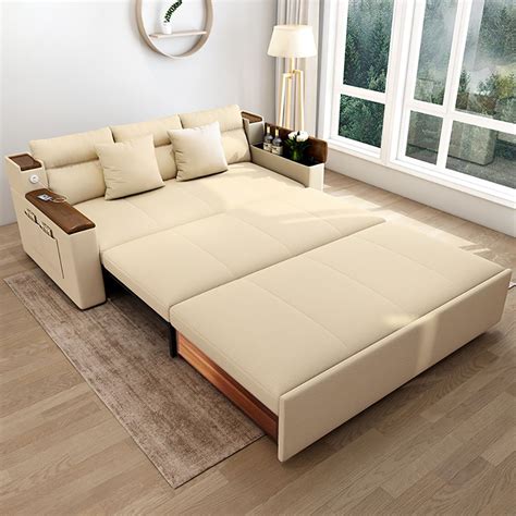 827 Beige Full Sleeper Sofa Linen Convertible Sofa Bed Storage And Side