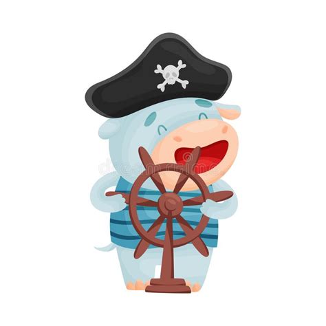 Cute Brown Cat Pirate Vector Illustration On White Background Stock