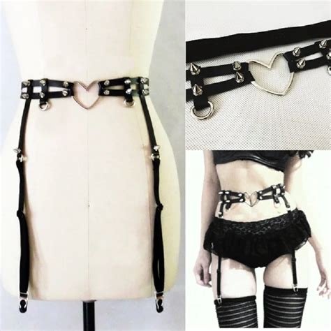 Women Harajuku Fashion Metal Punk Leather Garter Belt Handmade Rivet Heart Elastic Leg Ring