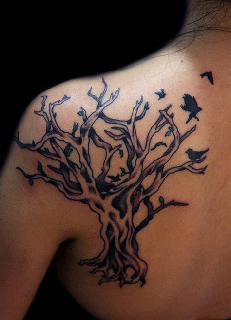 Black Tree With Birds Tattoo On Shoulder Blade Tattooimagesbiz