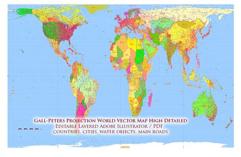 World Gall Peters Projection Political Map High Detailed Fully