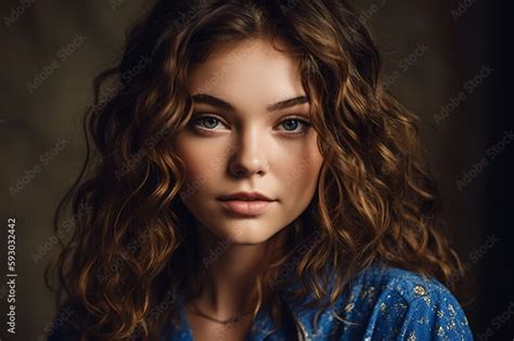 Cute Girl With Blue Eyes And Long Curly Hair Created With Generative Ai Technology Stock