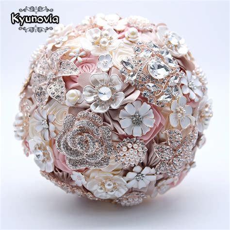 Kyunovia Silk Wedding Flowers Rhinestone Jewelry Blush Pink Brooch