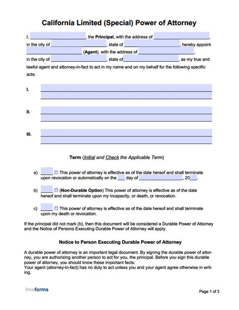Free California Limited Special Power Of Attorney Form Pdf Word