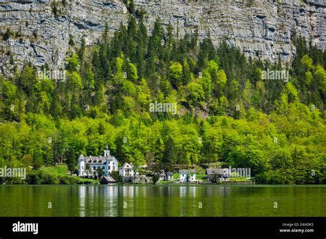 Castle At Hallstätter See Mountain Lake In Austria Salzkammergut