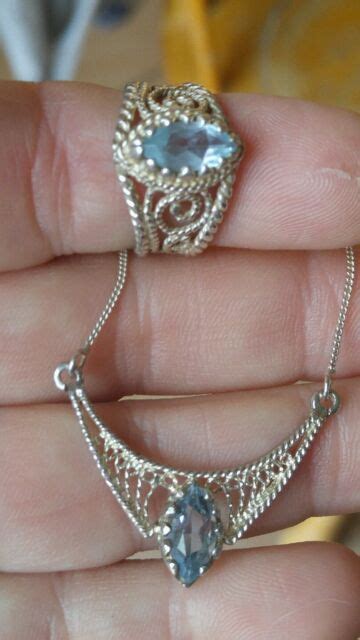 Sterling Silver 925 Marquise Blue Topaz Pendant Necklace 19 And Ring Ebay