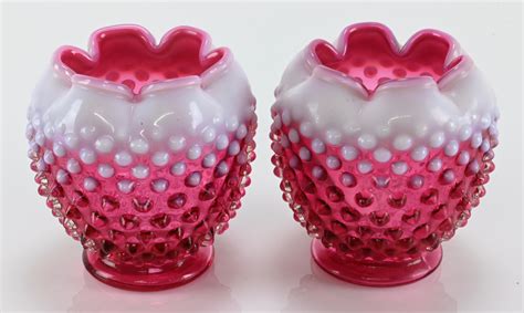 Lot Fenton Art Glass Cranberry Hobnail Rose Bowls