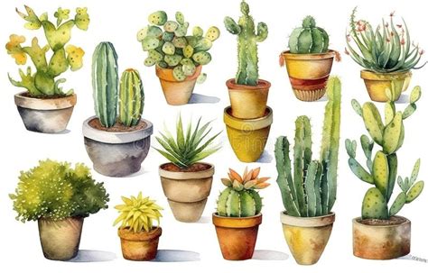 Cactus Watercolor Cacti Plant Hand Drawn Illustration On White
