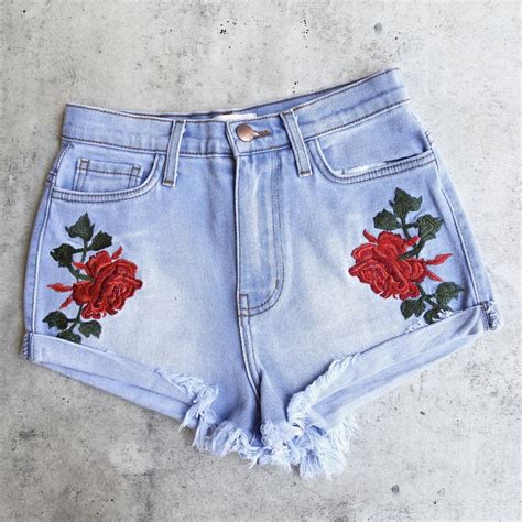 Embroidered High Waist Denim Shorts Light Stone Wash High Waisted Shorts Denim High Waisted