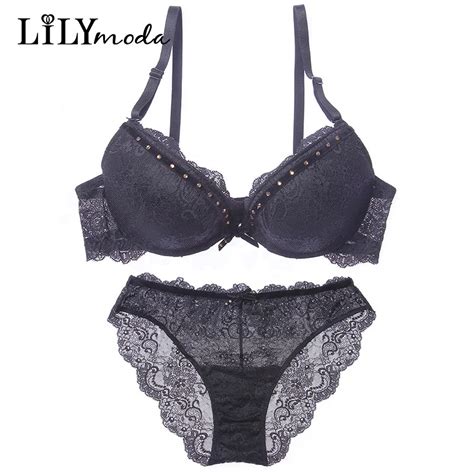 Lilymoda Women Luxury Lace Rhinestone Bra And Underwear Panty Set Push