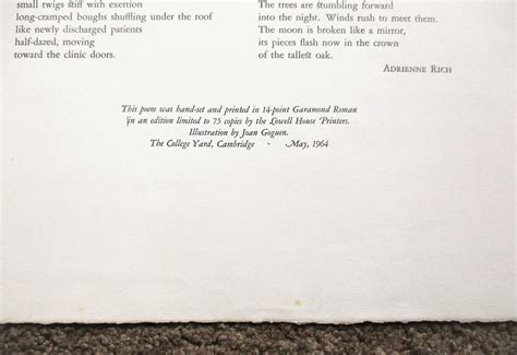 Adrienne Rich Broadside Poem The Trees 1 Of 75 Lowell House Printers The College Yard