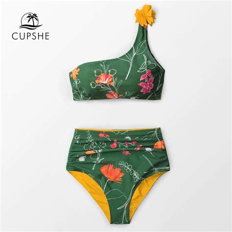 Cupshe Tropical Green Floral Print One Shoulder Bikini Sets Women High