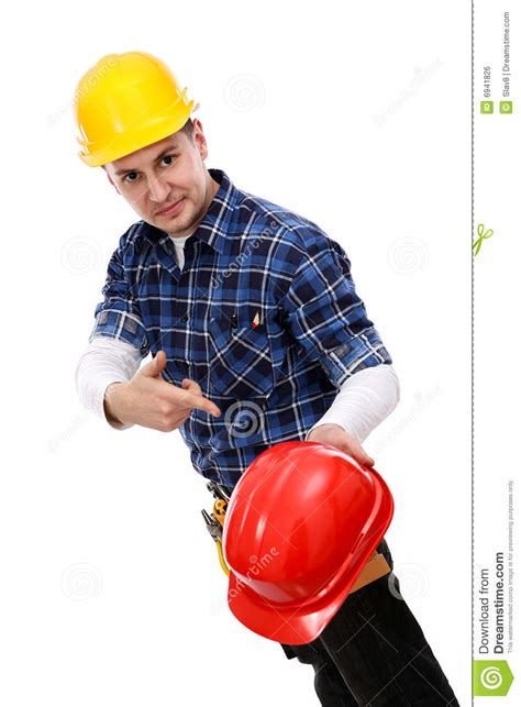 Construction Worker Pointing At A Hardhat Stock Photo Image Of