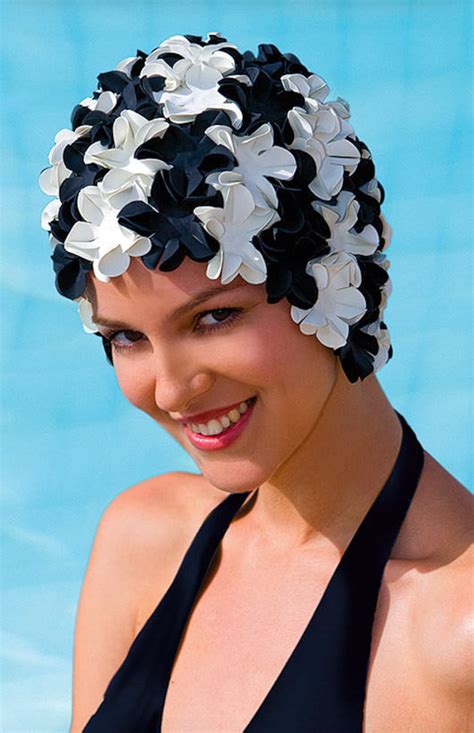 Retro Style Swim Cap Fashy Swimming Hat Zwart And Wit Petal Etsy