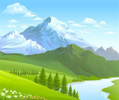 River Flowing Through Hills And Mountain Stock Vector Illustration Of