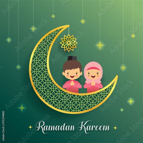 Ramadan Greeting Card With Crescent Moon And Starry Decor With Cartoon