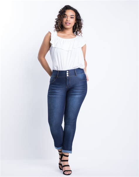Plus Size Buttoned Up Cuffed Skinny Jeans 2020ave
