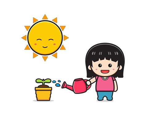 Cute Girl Watering Plant Cartoon Icon Illustration 3177025 Vector Art At Vecteezy