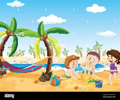 Ocean Scene With People Having Fun On The Beach Illustration Stock