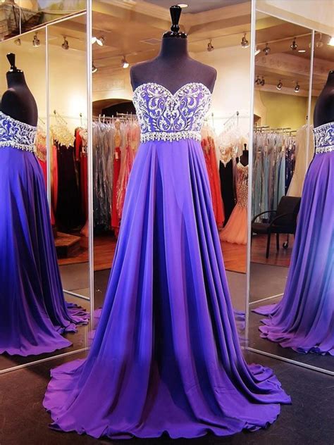 Gorgeous A Line Strapless Long Purple Chiffon Beaded Prom Dress