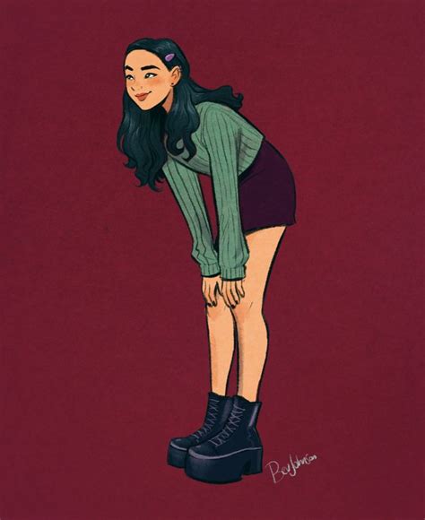 A Drawing Of A Girl With Long Hair And Black Boots On Her Feet Leaning